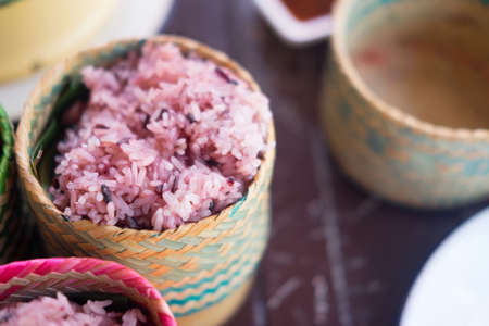 Cooked sticky rice-berry in sticky rice box handmade by bambooの写真素材
