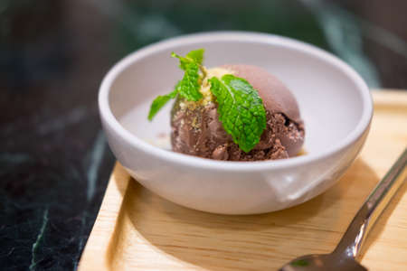 Chocolate ice cream scoop on white bowl