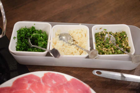 Shabu sauce and Condiment for Shabu Shabu, Set of Sauce for Shabu shabu styleの写真素材
