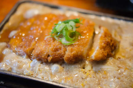 Japanese dish deep fried chicken with egg in black trayの写真素材