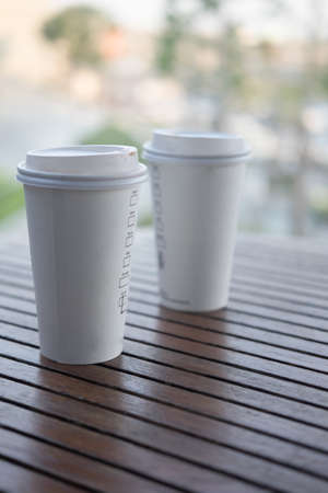 Two white paper cup for hot coffee or hot teaの写真素材