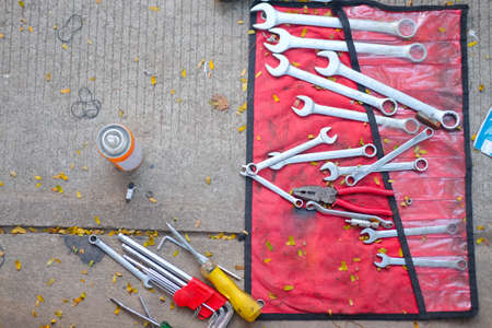Set of wrenches in mechanic workshop handy tool for motor vehicle mechanic use to fix motorcycle and carの写真素材