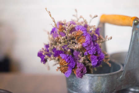Dried flowers bucket. The decorations of the cafe.の写真素材
