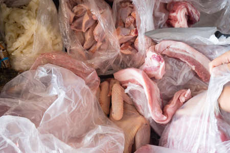 Various types of pork beef meats and chicken in the market