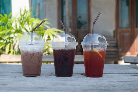 Various types of iced drink (lemon tea, iced black coffee and iced chocolate)の写真素材