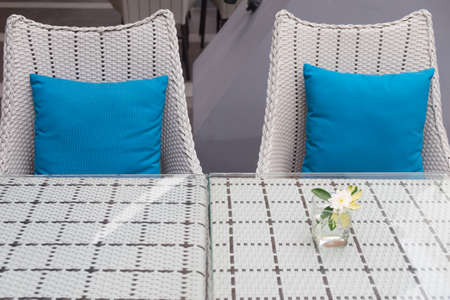 Furniture with blue pillow decoration in homeの写真素材