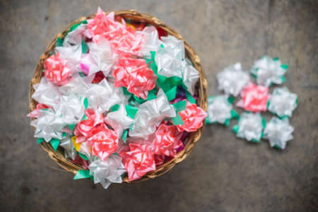 Color ribbon wraped coin money for traditional cultrureの写真素材