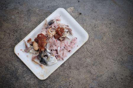 Leftover rice in foam box on cement groundの写真素材