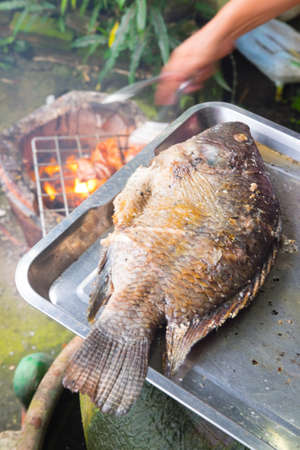 Grilled fish on tray ready to grill on stove at street food