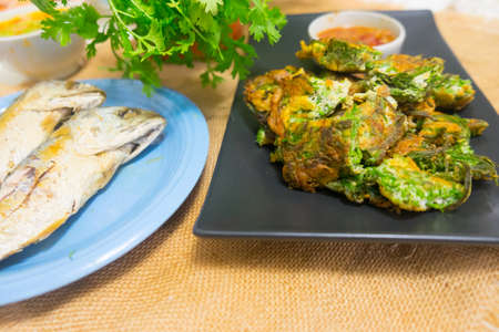 Acacia Pennata Omelette with shrimp paste sauce famous Thai spicy food (nam prik kapi pla too)の写真素材