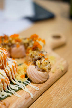 Close up of salmon rolls, Japanese foodの写真素材