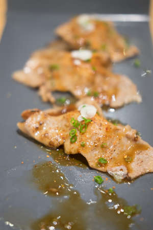 Wagyu beef sushi set on black plate. Japanese style foodの写真素材