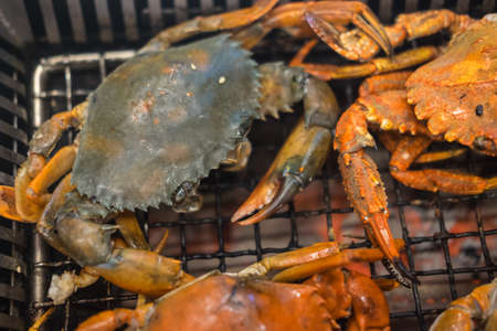 Crab on charcoal grill seafood, close up