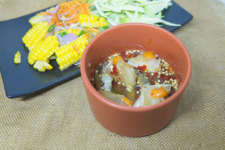 Mango salad with egg blue crab Thai style hot and spicy appetizerの写真素材