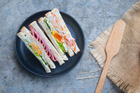 Sliced sandwiches cut with different filling - ham, salad, egg, bacon, whole grain breadの写真素材