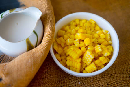 Delicious steamed sweet corn wiht milkの写真素材