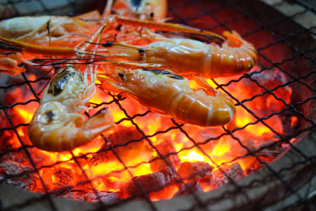 Grilled shrimp or easy BBQ grilled shrimp on grill. Diet or cooking concept