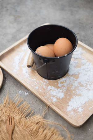 Cooking ingredients eggs and flour, recipe or culinary classes.