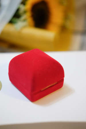 Close up square red velvet box for jewelry