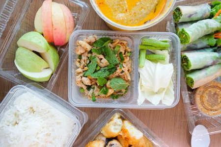 Thailand cuisine in box in vegetarian festivalの写真素材