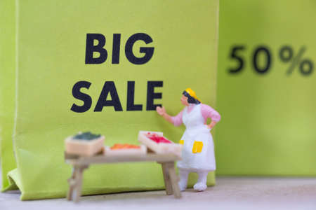 Miniature people : Small retailers create a promotion to compete against big malls (promotion and compete concept).の写真素材