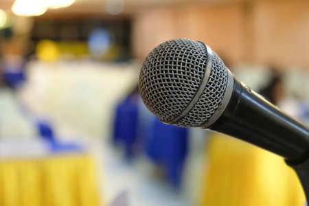 Close up head of microphone on stage of business meeting or event. Business meeting and event on conceptの写真素材