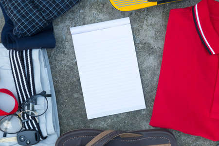 Set of cool fashion men's casual outfit, top view with empty paper for textの写真素材