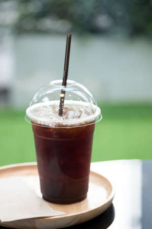 Close up ice long black coffee in coffee shopの写真素材