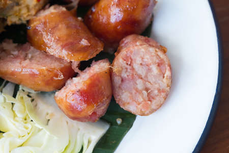 Thai sausage, fermented rice with pork sausage, top viewの写真素材