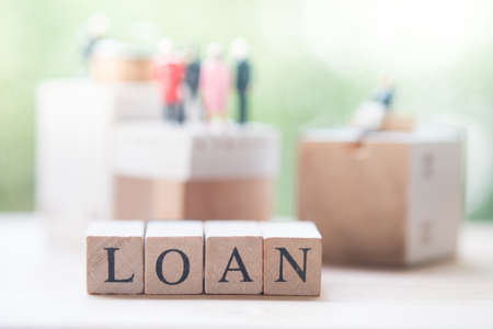 Wood word of "Loan". The financial loans between the lender and the borrower. Secured and mortgage loan. Refinement interest ratesの写真素材