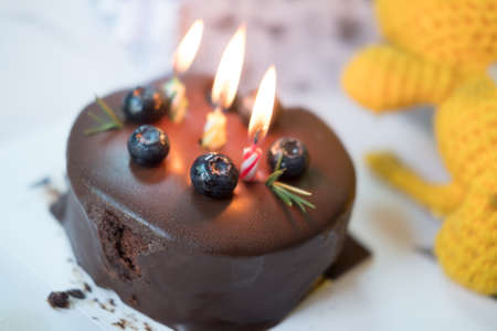 Delicious chocolate cake with birthday candles. Celebrating birthdayの写真素材