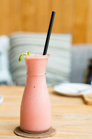Fresh strawberry smoothies in glass. beverage healthy High protein the taste yummy. Concept of healthy drinkの写真素材