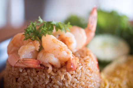 Close up of shrimp on fried rice with paste sauce - Selective focus