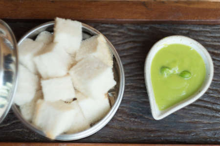 Delicious green pandan custard slice of bread, top view