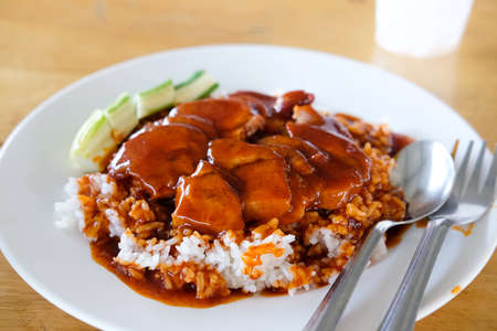 Barbecued red pork in sauce with rice, Thai foodの写真素材