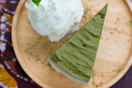 Matcha green tea cake. Selective focus point