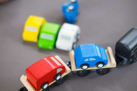 Multicolor kids toy train cars bricks, Close up