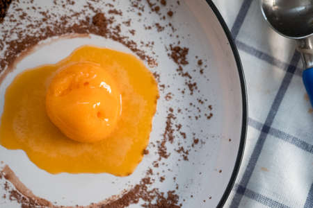 Scoop of passion fruit flavor ice cream in white plate decoration with chocolate powderの写真素材