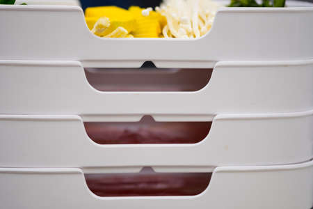 Close up of fresh vegetable set for sukiyaki or shabu shabu in white tray