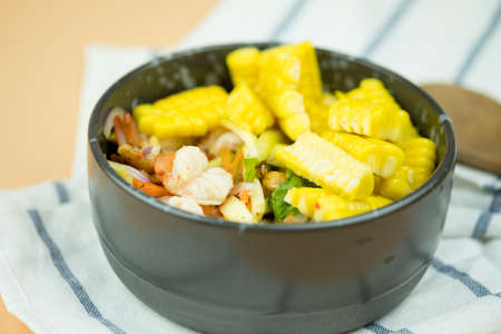Spicy shrimp and corn. Thailand called farmer fresh shrimp that is famous of Thailand Street foodの写真素材