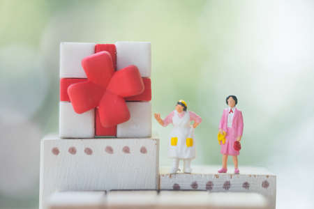 Miniature shopper : Woman standing near gift box. Concept of buy items for husband. Using as shopping business concept.の写真素材