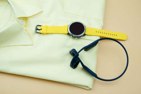 Top view of men gadget, headphones and smart watchesの写真素材