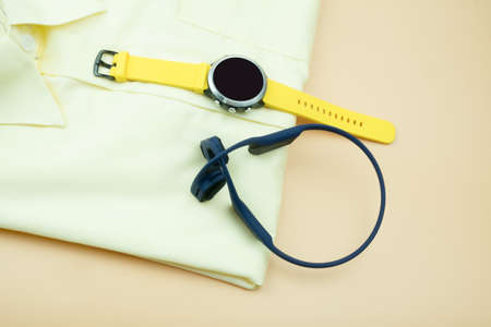 Top view of men gadget, headphones and smart watchesの写真素材