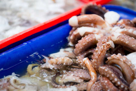 Close-up of fresh octopus tentacles on tray of an Thailand market. Food in Thailand