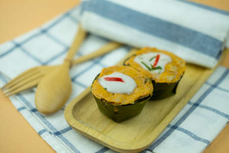 Curry fish mixed spice and herb with snakehead fish Ho Mok pla chon