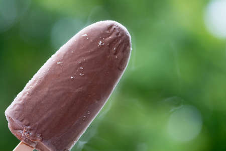 Hand holding a tasty delicious ice cream stick chocolate bar with nature background