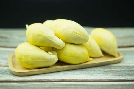 Durian ripe and fresh on wood tray. Durian is king of fruit in Thailandの写真素材