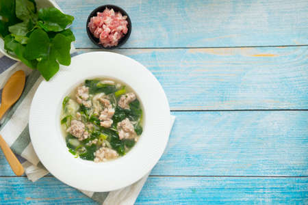 Vegetable gourd soup with minced pork with ingredients for cooking, Thai style foodの写真素材