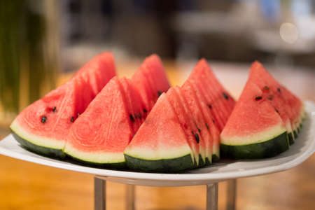 Fresh watermelon sliced ready to eat in restaurantの写真素材