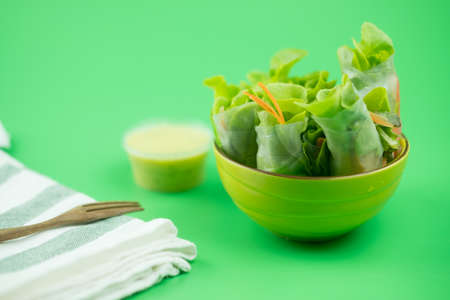 Fresh salad rolls with fresh vegetable. Fusion food style.